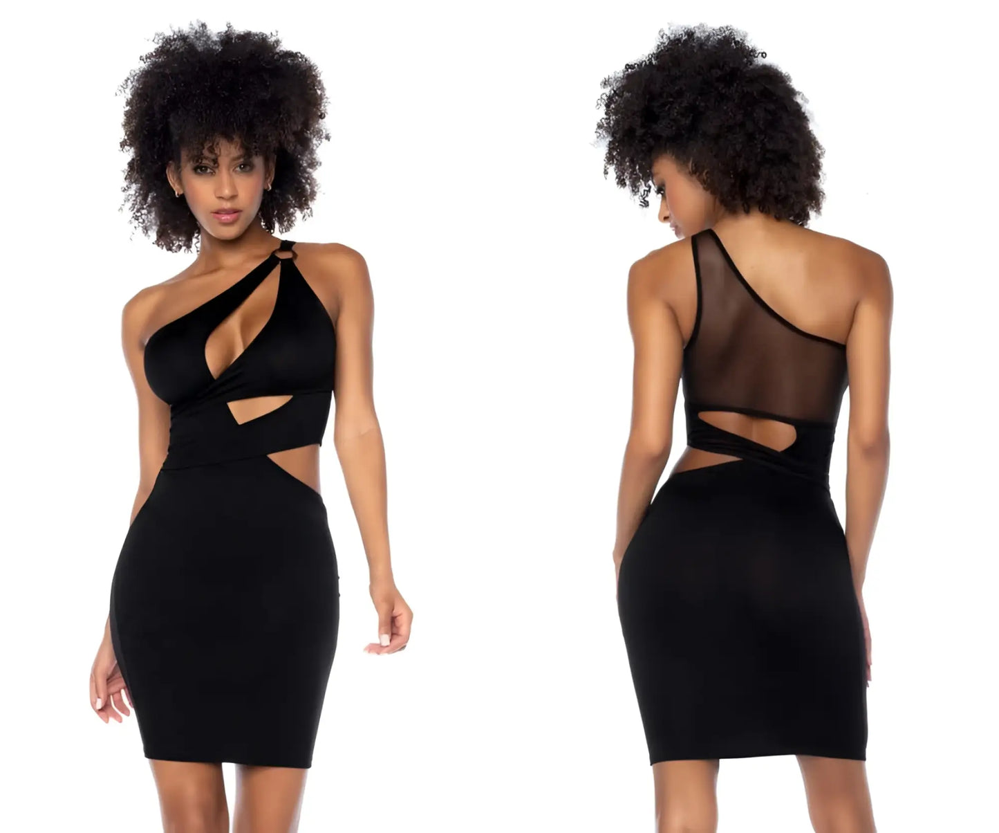 Black mapale 40004 one-shoulder bodycon dress with sheer mesh panel and cutout details in fitted silhouette
