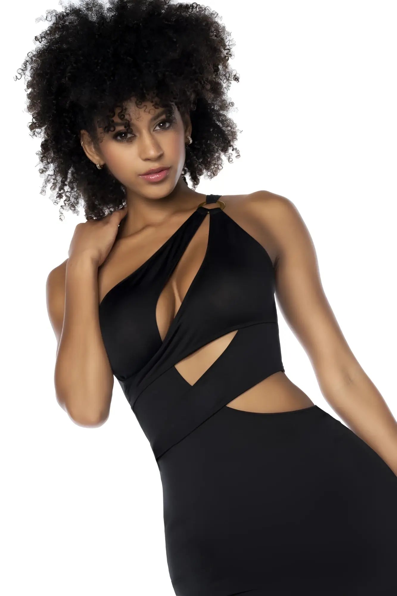 Mapale 40004 black one-shoulder dress with cut-out details and a sleek form-fitting design in smooth fabric