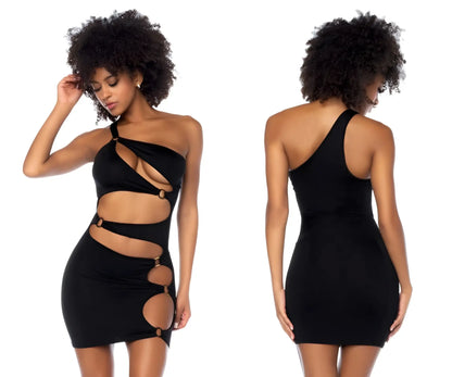 Black one-shoulder bodycon dress by Mapale with cut-out details and gold-toned circular hardware