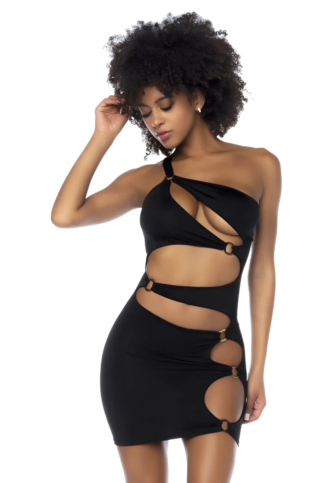 Black one-shoulder cut-out mini dress by mapale with gold-toned circular hardware accents in sleek fabric