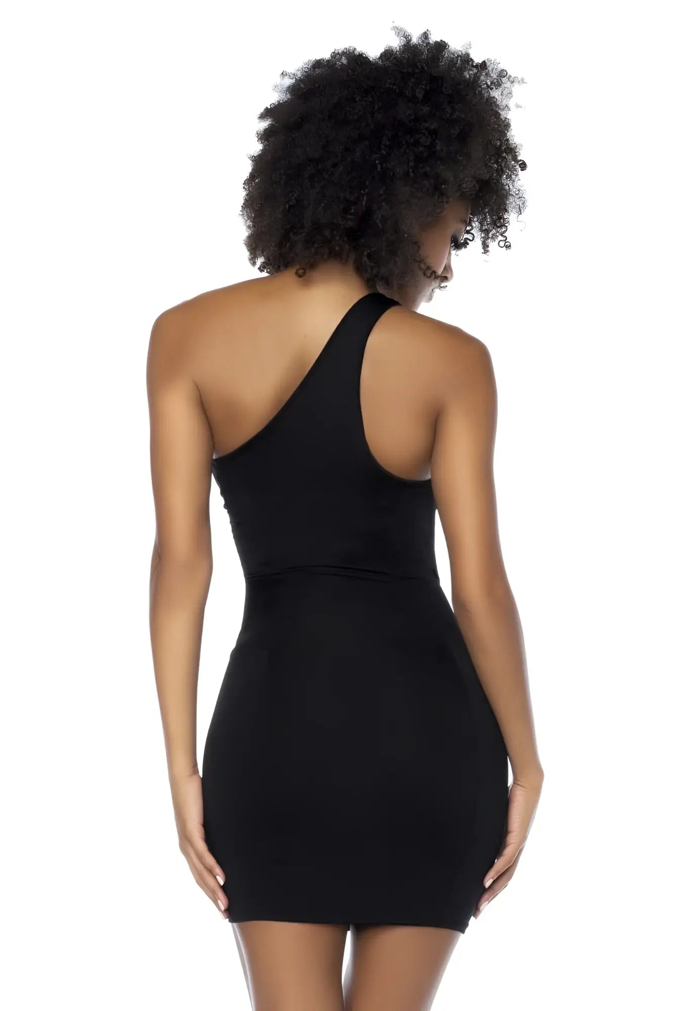 Black Mapale 40006 one-shoulder mini dress with fitted silhouette made of smooth stretchy fabric