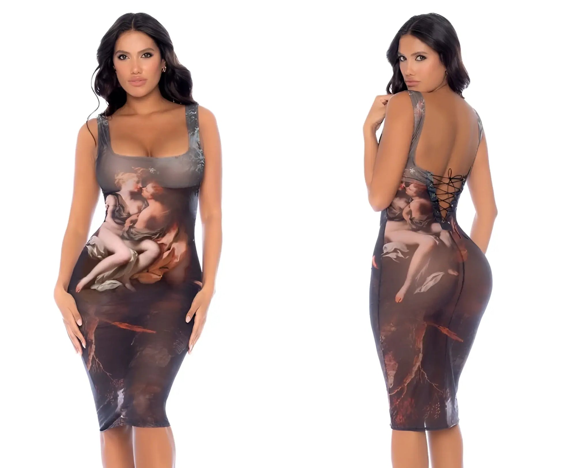 Form-fitting sleeveless midi dress in dark brown and gray with classical painting print by Mapale 40011 Amalfi Dream
