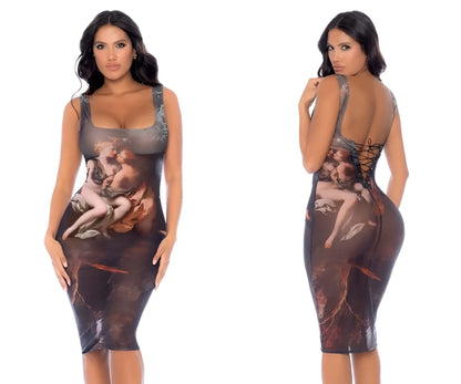 Form-fitting sleeveless midi dress in dark brown and gray with classical painting print by Mapale 40011 Amalfi Dream