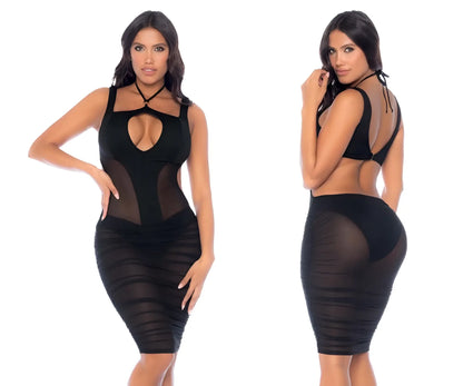 Black sheer mesh bodycon dress by Mapale with cutout neckline and back tie details shown from the back side