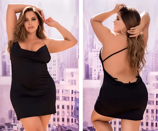 Back view of mapale 4551x black satin mini dress with thin spaghetti straps and gold chain detailing