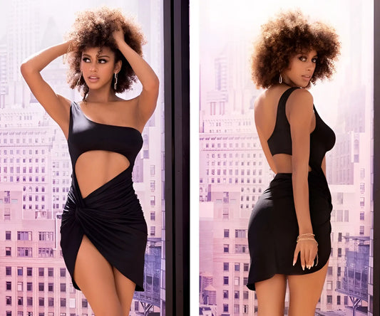 Black mapale 4566 dress with one-shoulder cutout midsection and draped asymmetrical skirt in sleek fabric