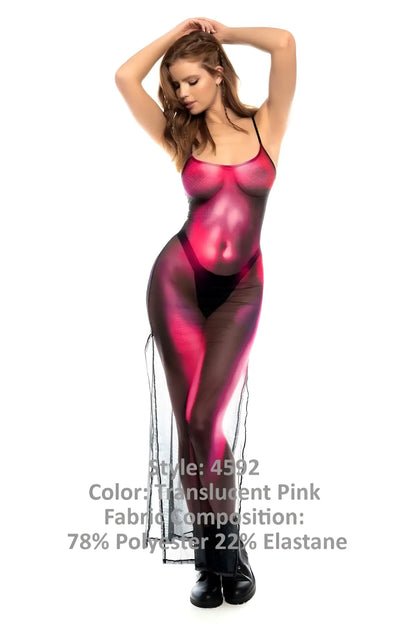 Mapale 4592 neptune dress translucent pink sheer bodysuit with black mesh side panels and form-fitting design