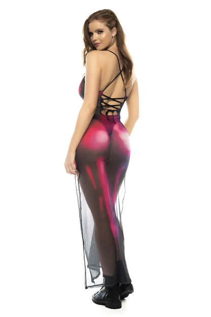 Sheer form-fitting translucent pink mapale 4592 neptune dress with vibrant pink and black skeletal design and open back