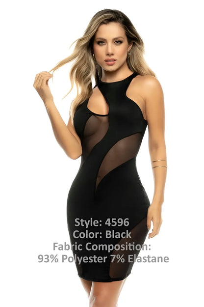 Black form-fitting Mapale 4596 Edna dress with sheer mesh panels and a high neckline in black color