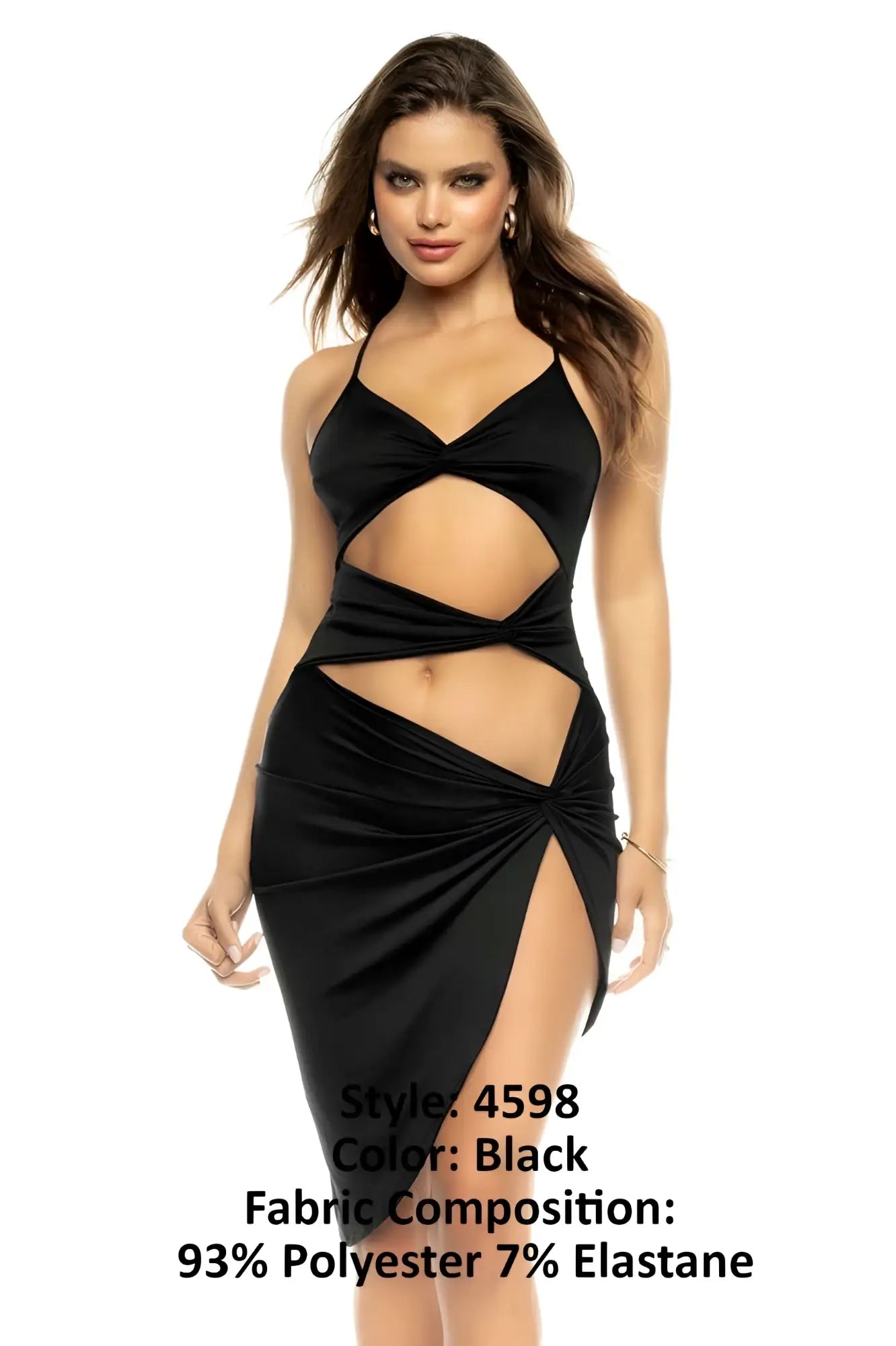 Black halter neck Mapale 4598 Medina dress with cut out and twisted fabric details in elegant fabric
