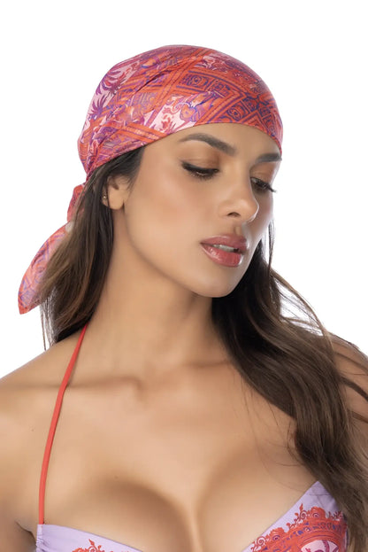 Mapale 47018 all ways scarf in desert mirage vibrant pink and orange paisley patterned headscarf wrapped on head