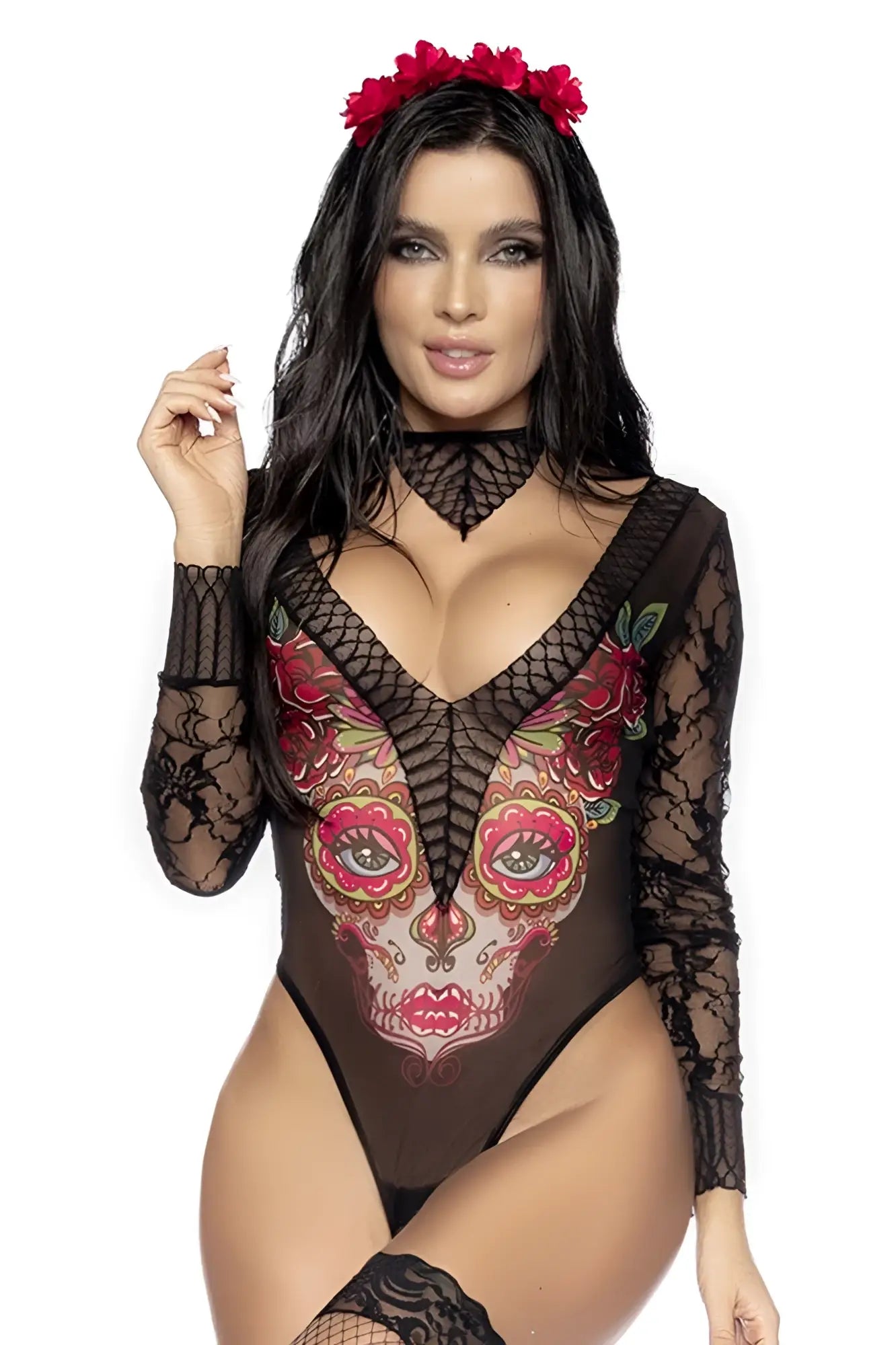 Black lace bodysuit Mapale 60008 featuring vibrant sugar skull with red and pink floral accents in sexy Catrina style