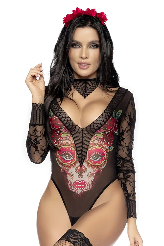 Black lace bodysuit Mapale 60008 featuring vibrant sugar skull with red and pink floral accents in sexy Catrina style
