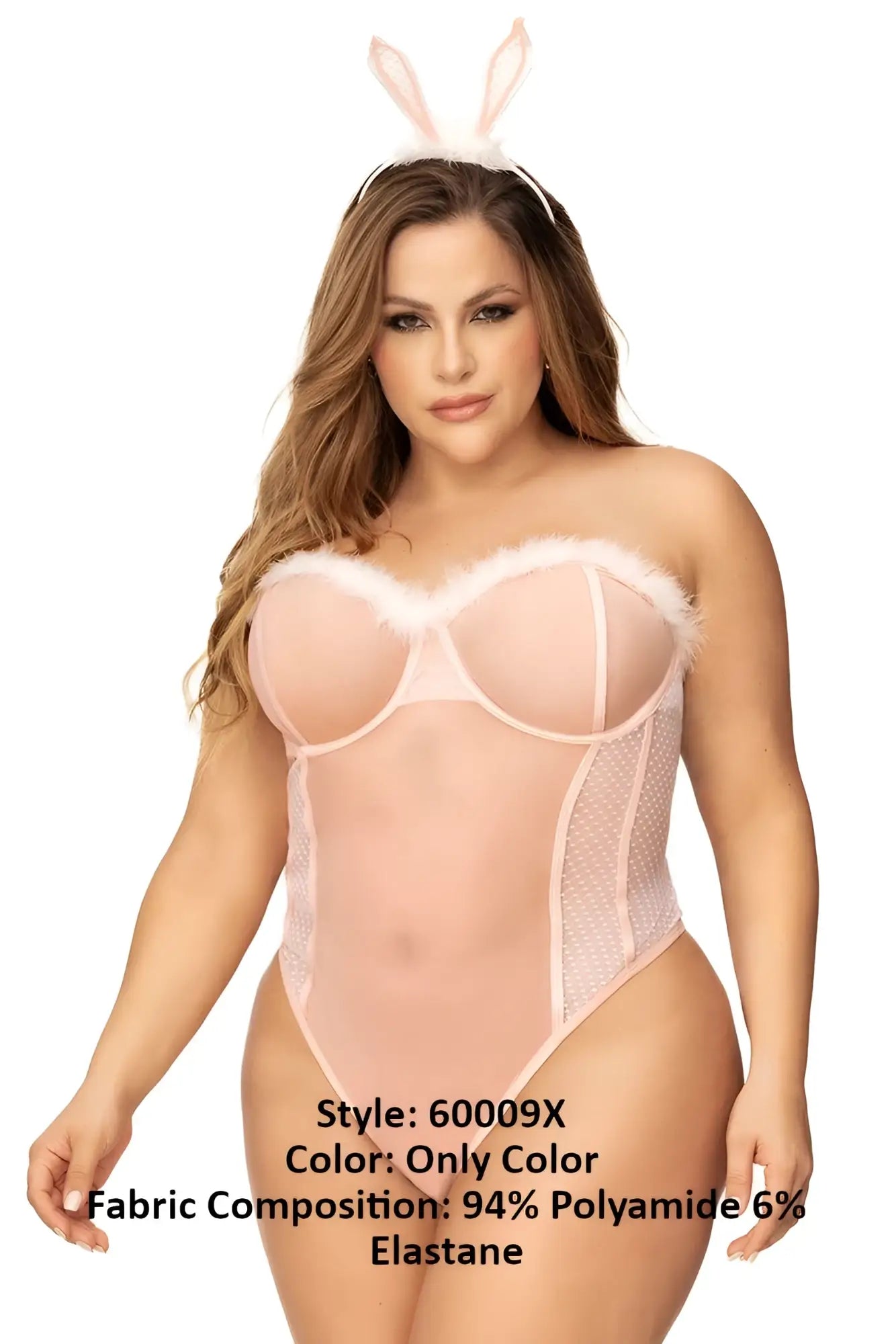 Pink bunny-themed bodysuit by Mapale with sheer mesh and faux fur trim in sexy costume color only color