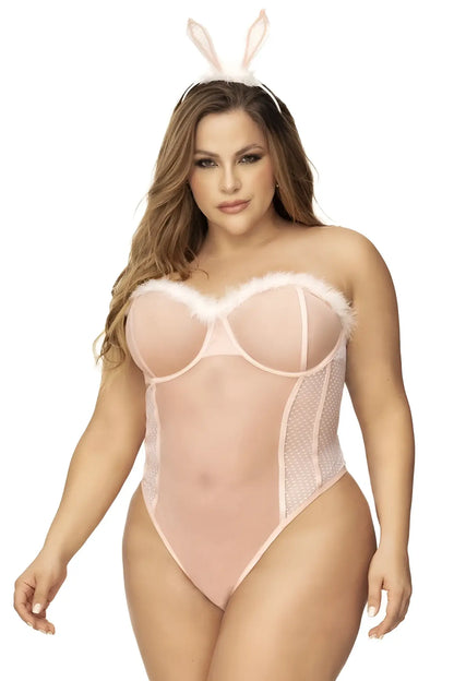 Pink bunny-themed bodysuit with sheer mesh panels and faux fur trim by Mapale for sexy costume use