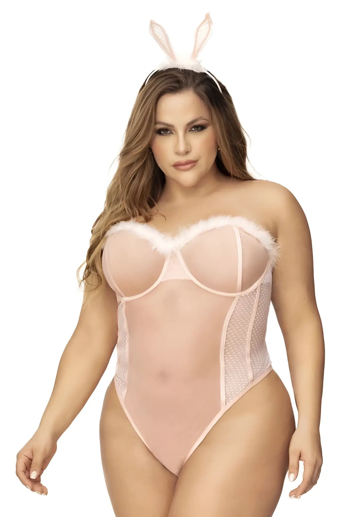Mapale 60009x pink bunny-themed bodysuit with sheer mesh and faux fur trim for a sexy costume look