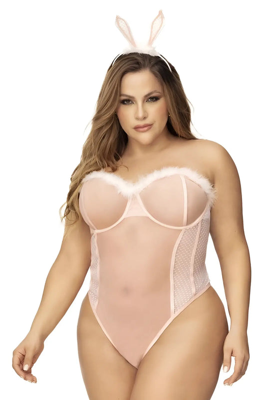 Mapale 60009x pink bunny-themed bodysuit with sheer mesh and faux fur trim for a sexy costume look