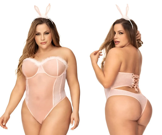 Pink bunny-themed lingerie set in mesh and lace detailing from Mapale 60009X costume sexy bunny color only color
