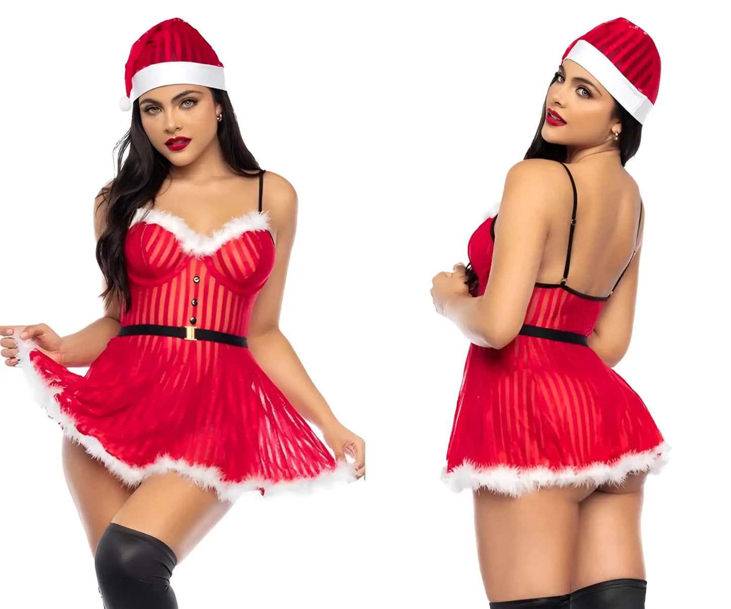 Red santa claus-themed lingerie dress by mapale with white fur trim black straps belt and corset-style bodice