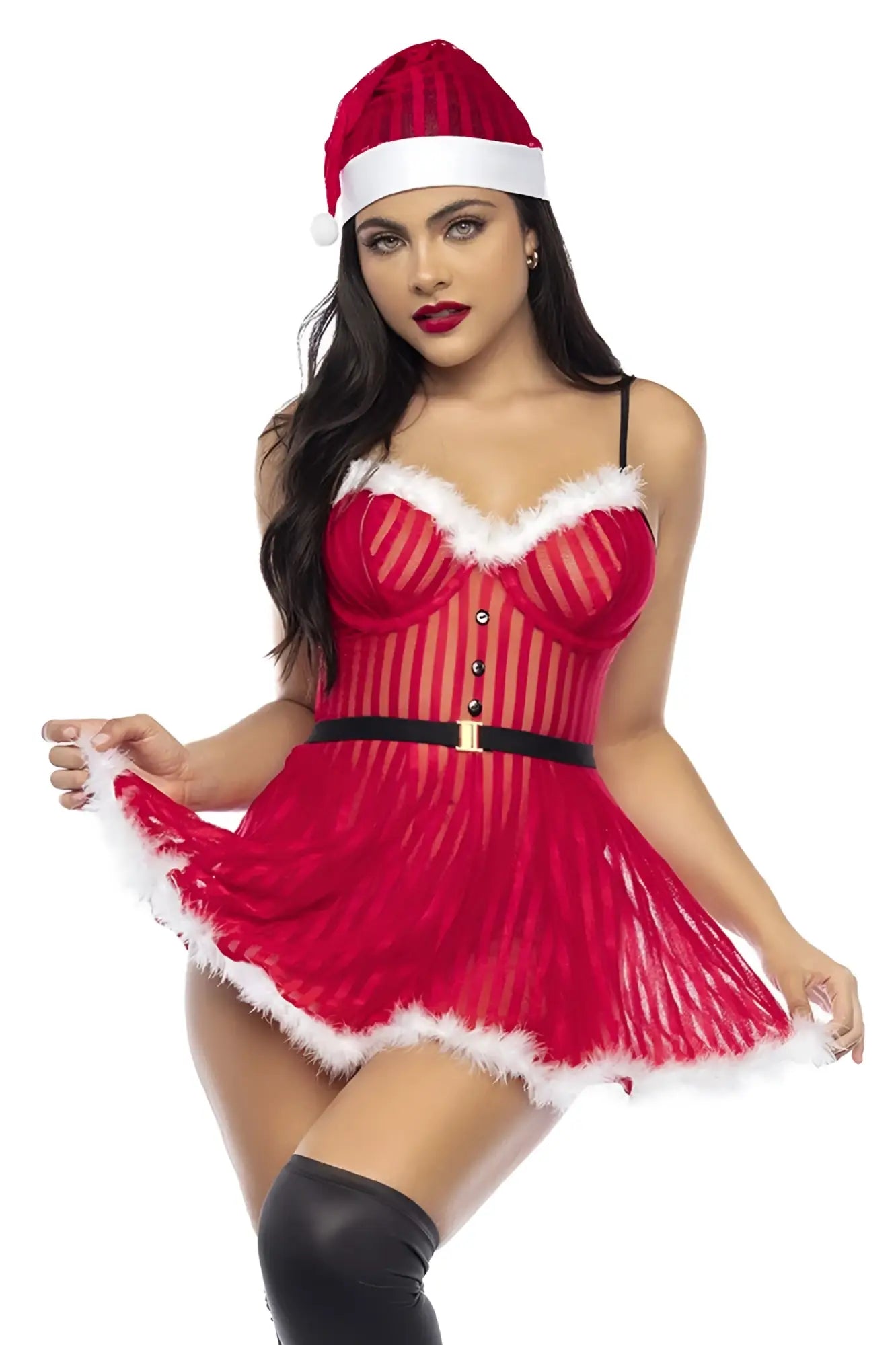 Red santa-themed lingerie dress with white fur trim and black belt by mapale 60010 mrs claus costume color only