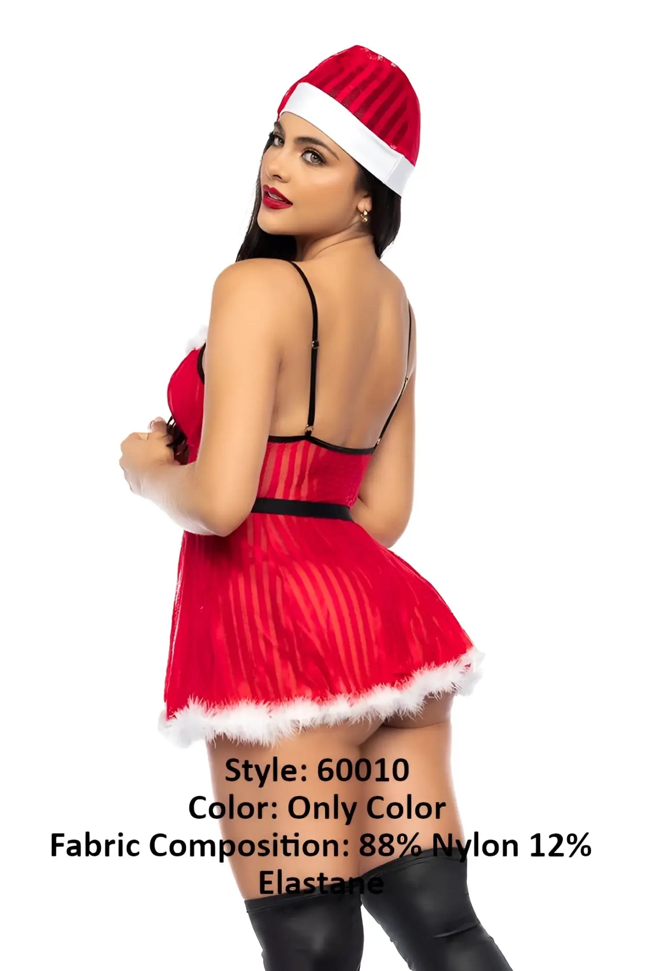 Red santa claus-themed mini dress with black straps and white fur trim made of nylon and elastane by mapale