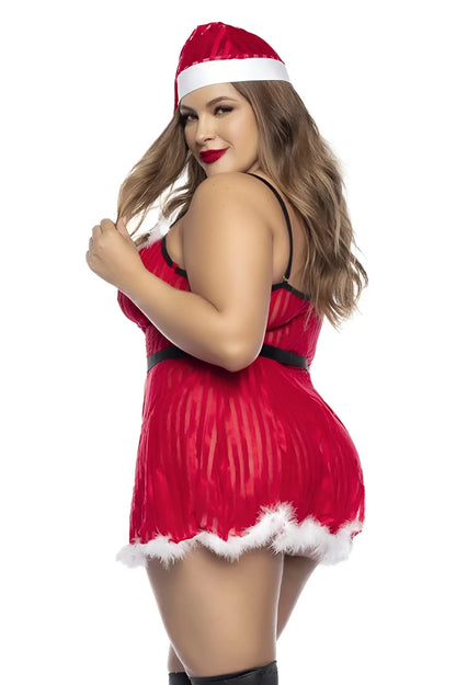 Red santa claus costume by mapale with black and white fur trim designed for mrs claus festive wear