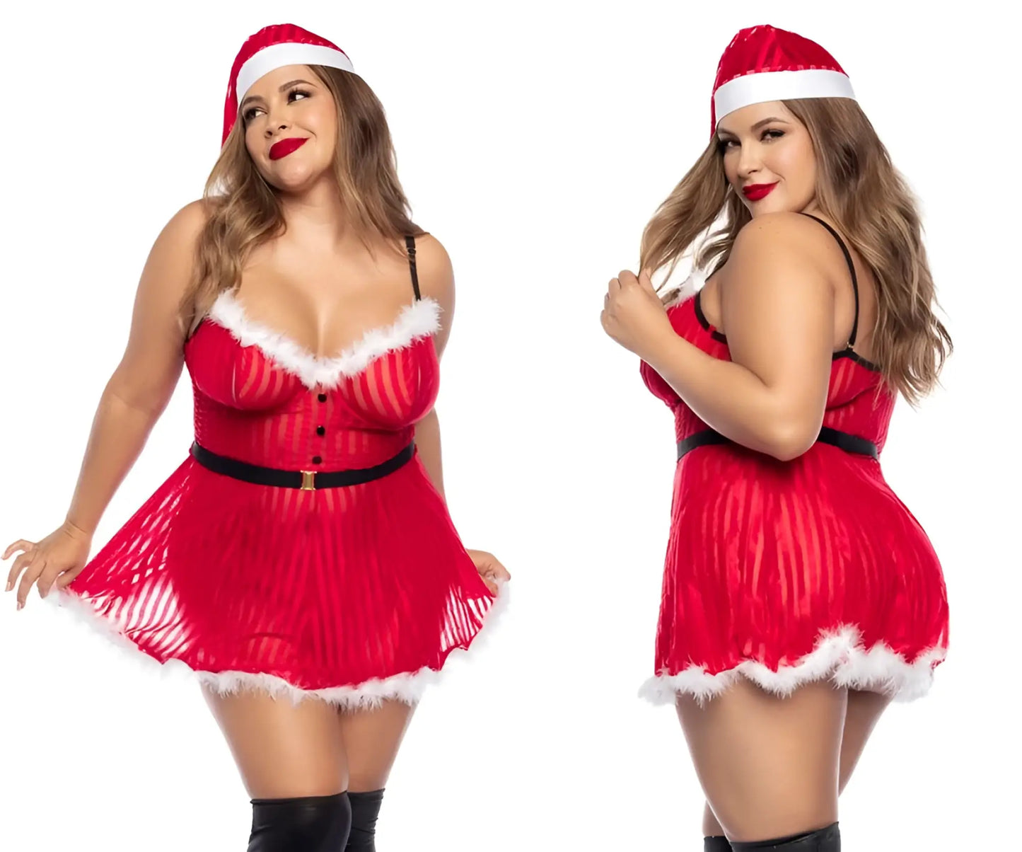 Red santa claus-themed lingerie dress with white fur trim and black belt by mapale color only color model 60010x