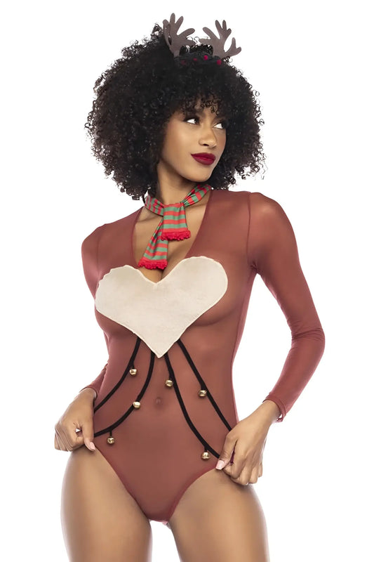 Mapale 60012 festive brown reindeer-themed bodysuit with white heart patch and black straps with gold bells