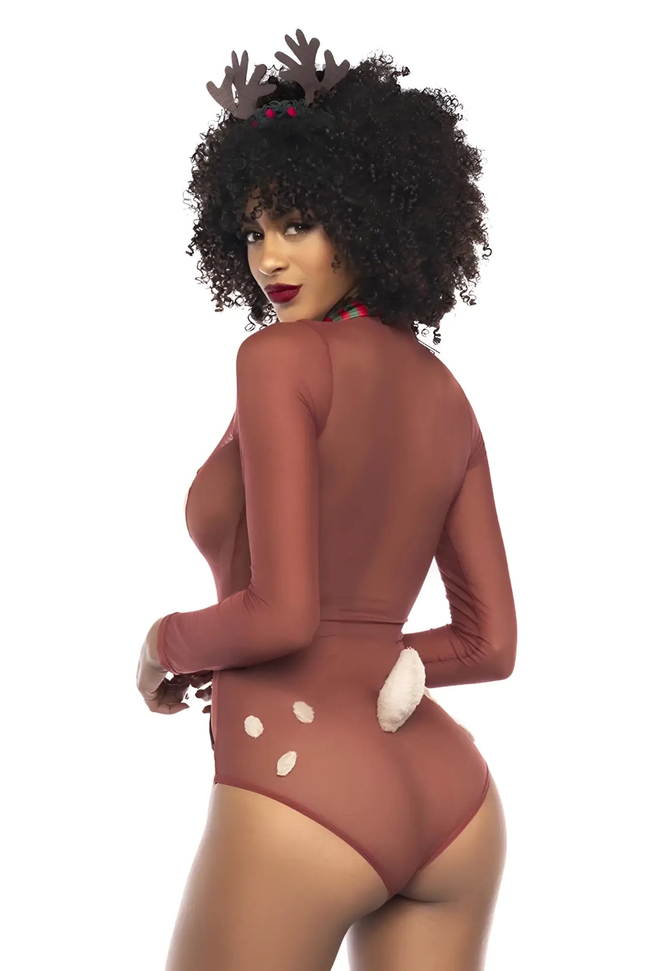 Back view of mapale 60012 festive brown reindeer-themed long sleeve one-piece costume with white polka dots and fluffy tail