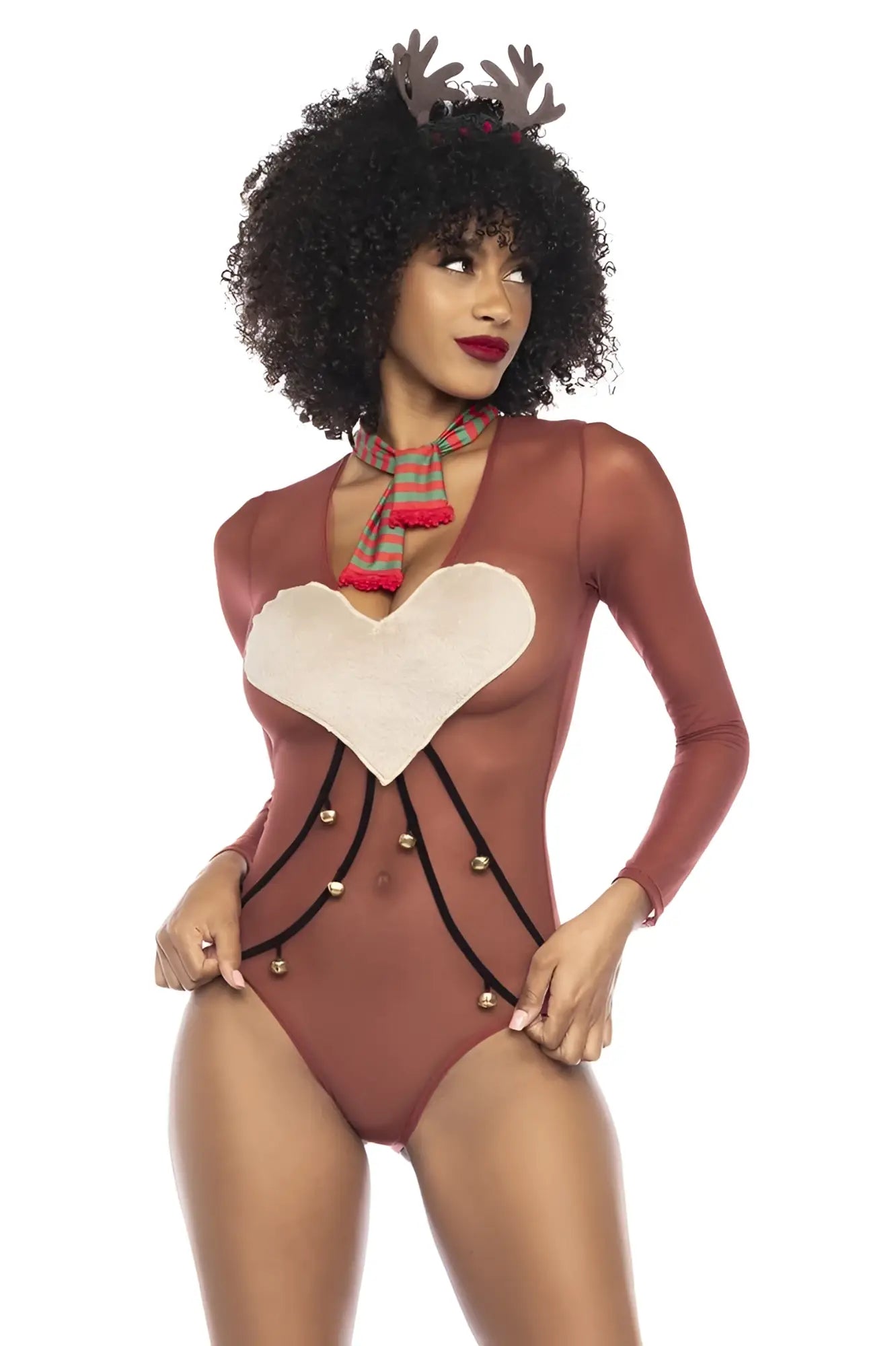 Mapale 60012 festive brown reindeer-themed one-piece costume with plush white heart and gold jingle bells