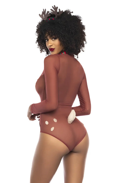 Mapale 60012 sexy babe reindeer costume in brown with white polka dots, fluffy tail, and antler headpiece