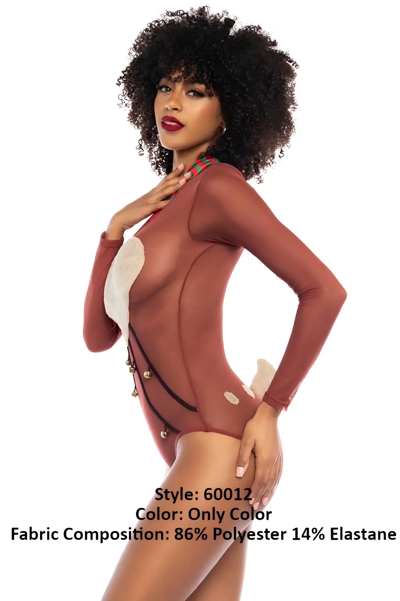 A sheer rust-colored long-sleeved bodysuit with white and black accents from mapale 60012 costume sexy babe reindeer color