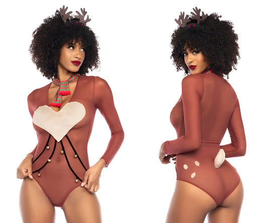 Mapale 60012 sexy babe reindeer one-piece costume in reddish-brown stretchy fabric with white heart accents and antler headpiece