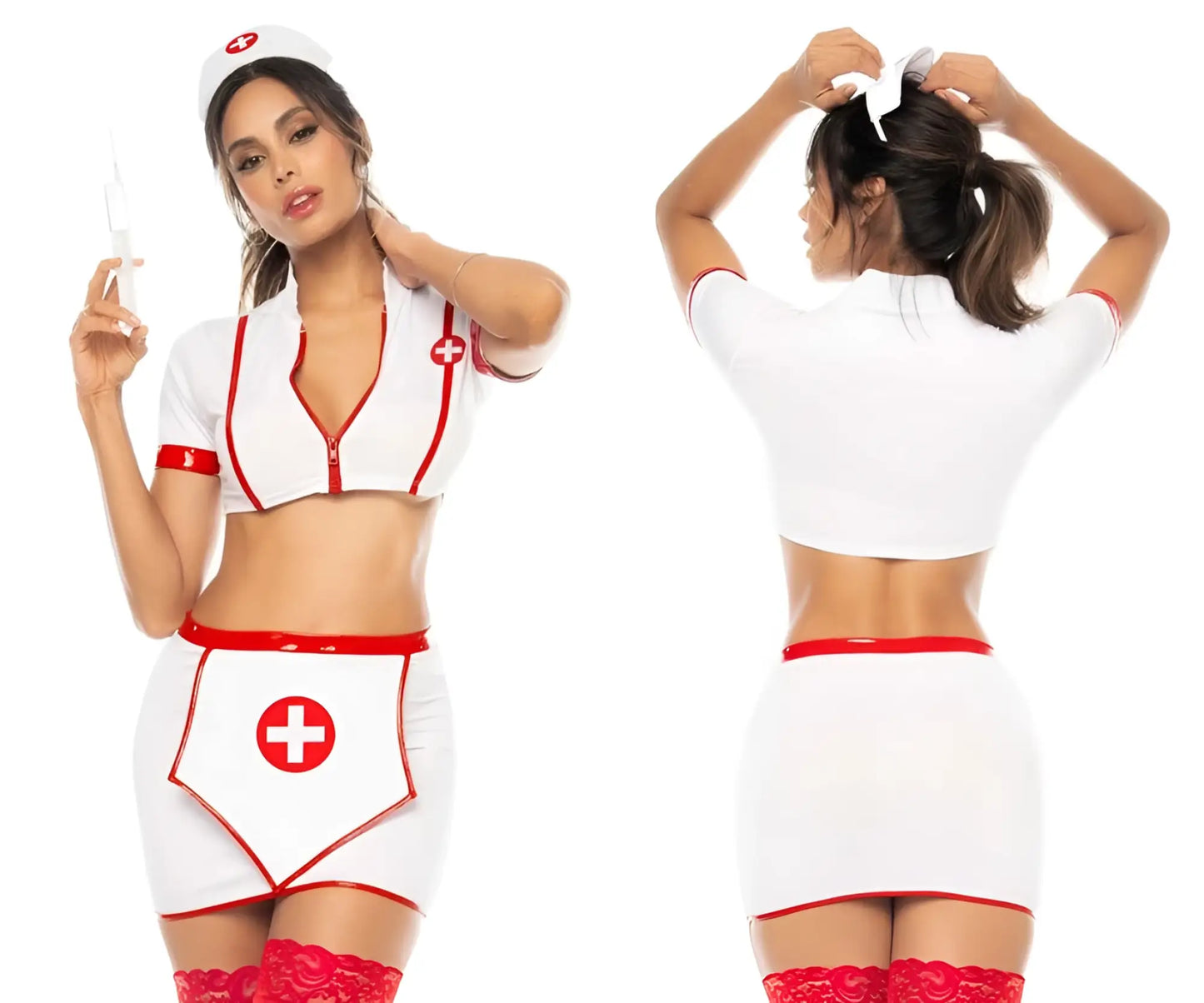 White and red nurse costume with lace trim and medical symbol accents from mapale 60018 big shot collection