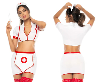 White and red nurse costume with lace trim and medical symbol accents from mapale 60018 big shot collection