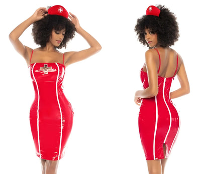 Red latex nurse costume dress with white vertical stripes and chest cross emblem by mapale model 60019 color only color