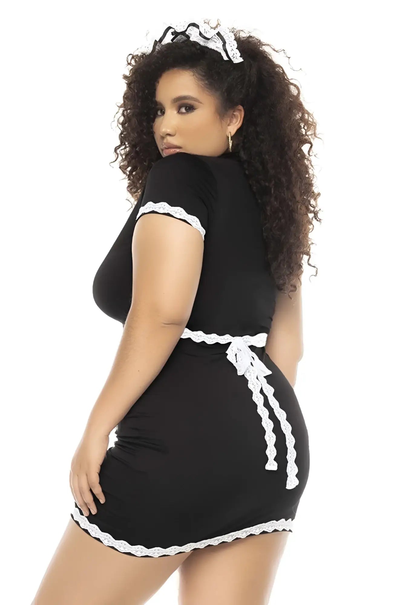 Black short-sleeved maid dress with white lace trim on sleeves waistband and hemline from mapale 60021x flirty french maid costume plus color