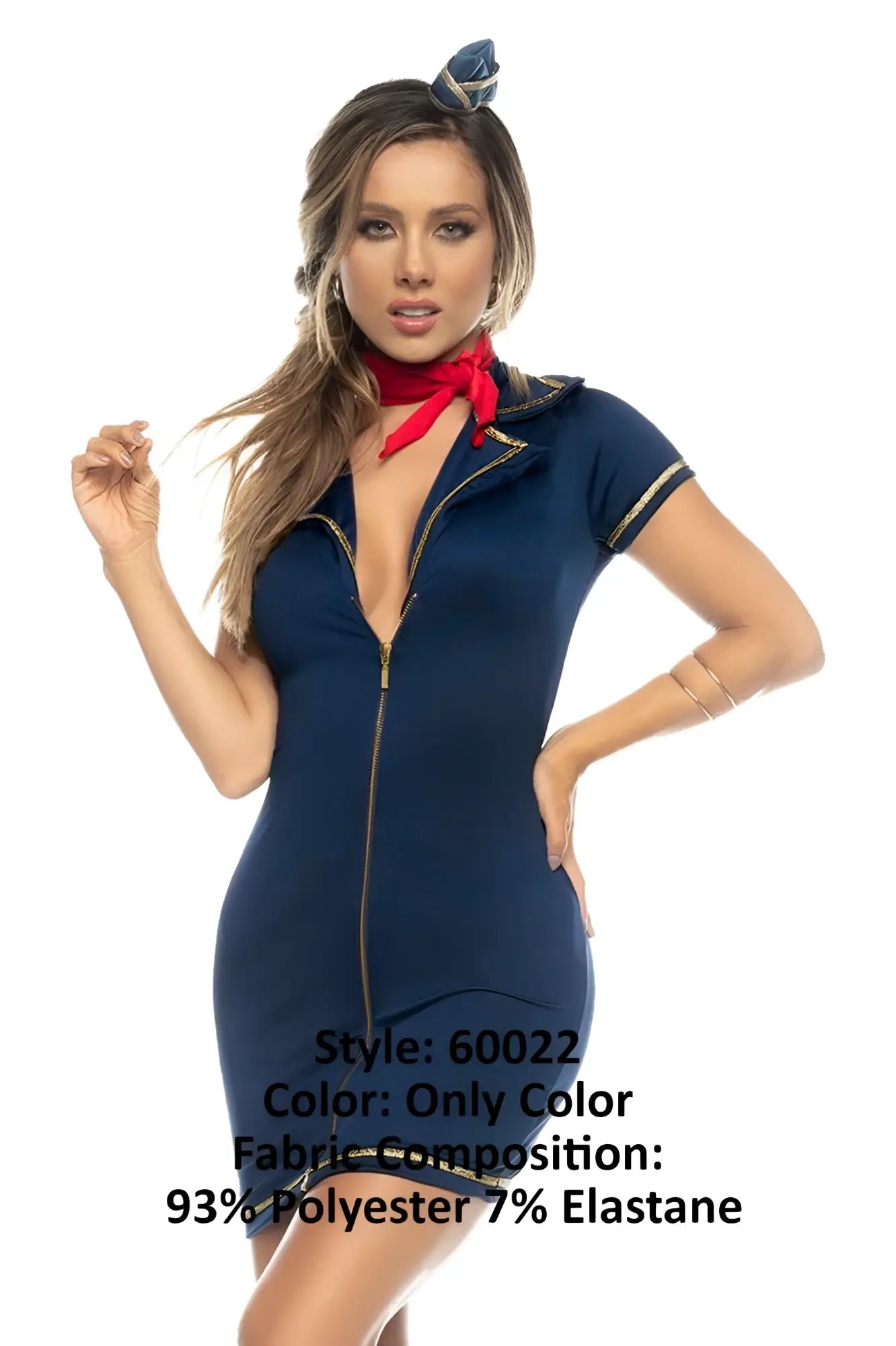 Navy blue short-sleeved flight attendant costume dress with gold zipper trim and red scarf from Mapale 60022 drunk on a plane