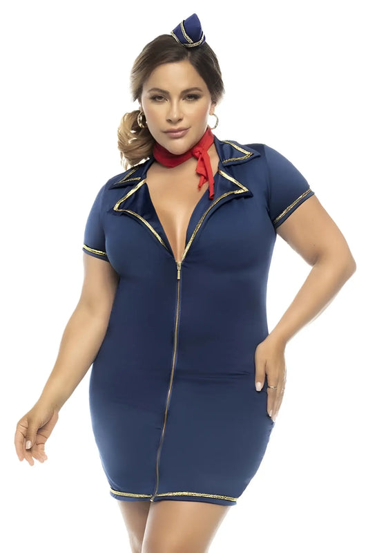 Navy blue short-sleeved flight attendant dress with gold trim and front zipper from Mapale 60022X Drunk on a Plane costume plus color