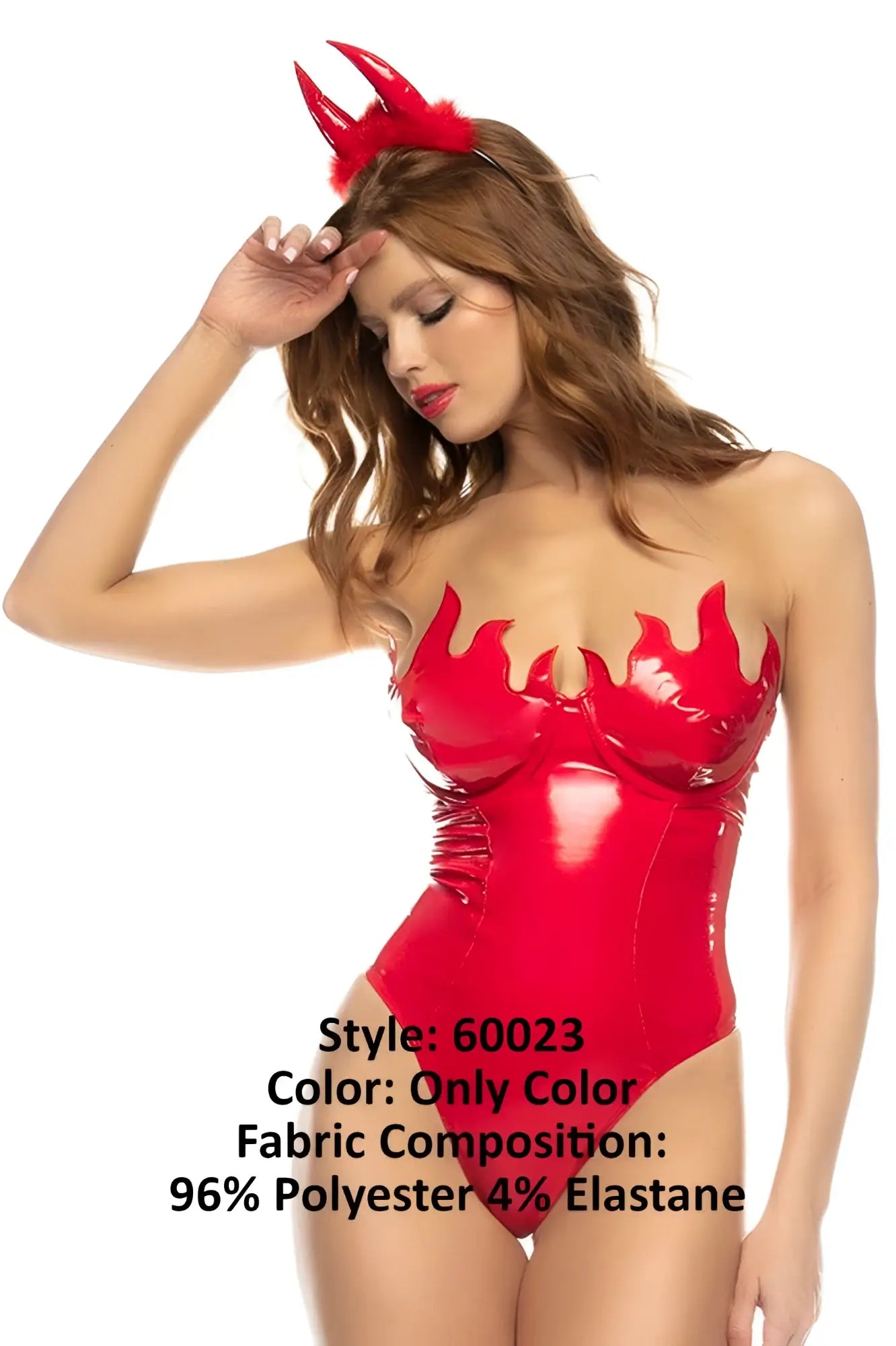 Mapale 60023 devilicious costume glossy red latex one-piece with flame detailing and matching red feathered horns