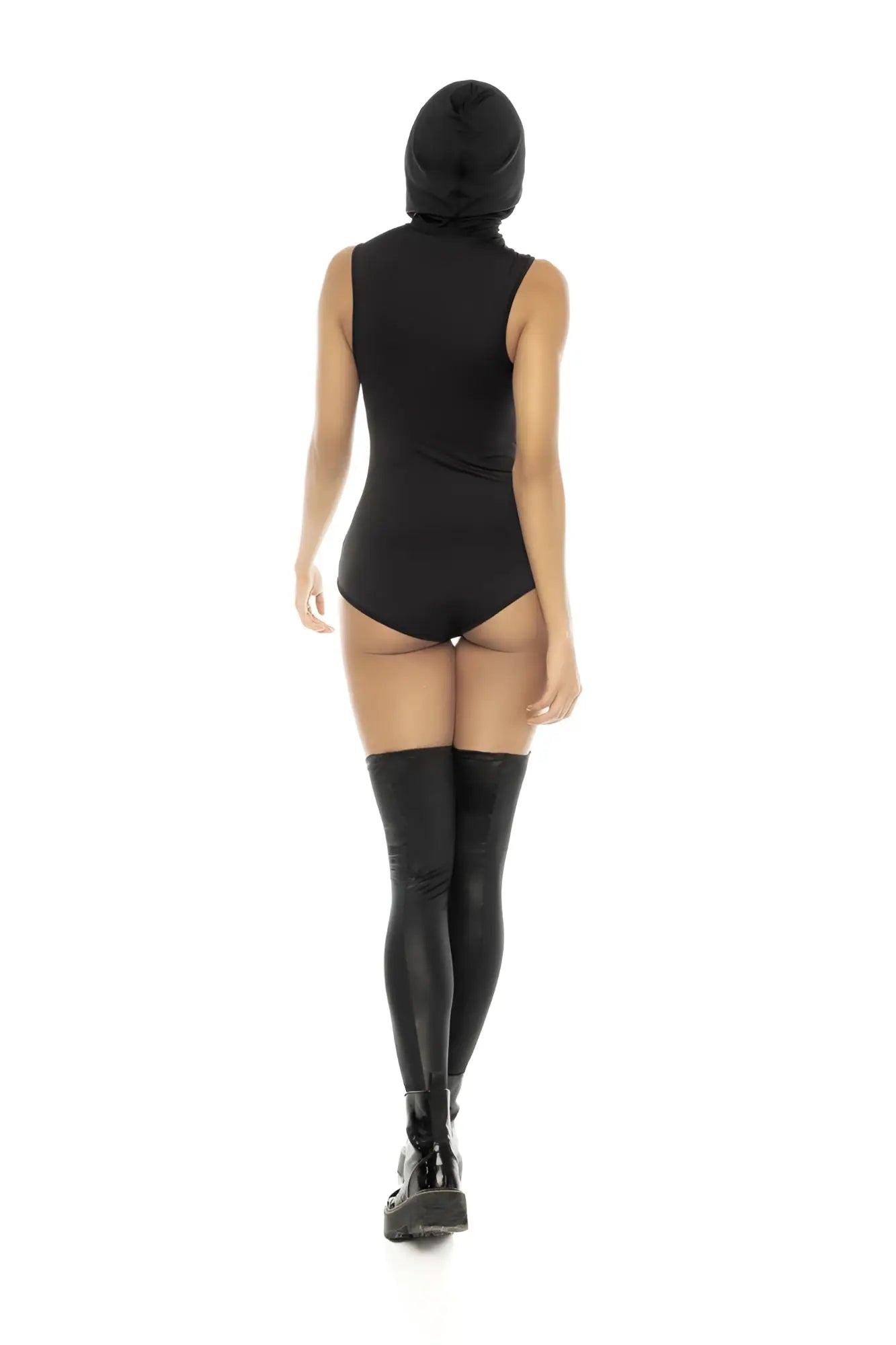 Black hooded one-piece bodysuit with sleek design and shiny black thigh-high stockings mapale 60025 ghost rider costume