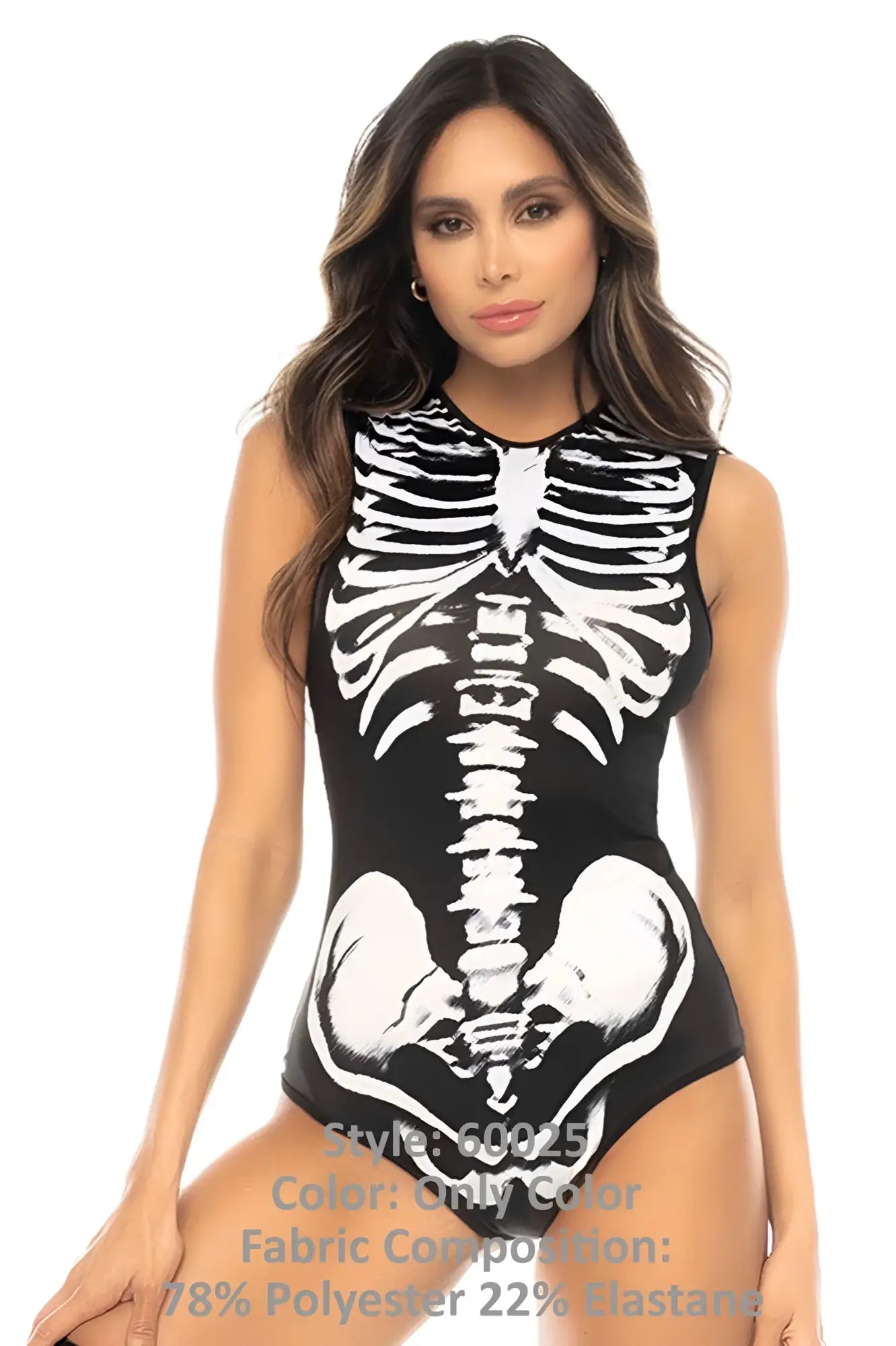 Black one-piece swimsuit with white skeleton design on front from Mapale 60025 Ghost Rider costume color only