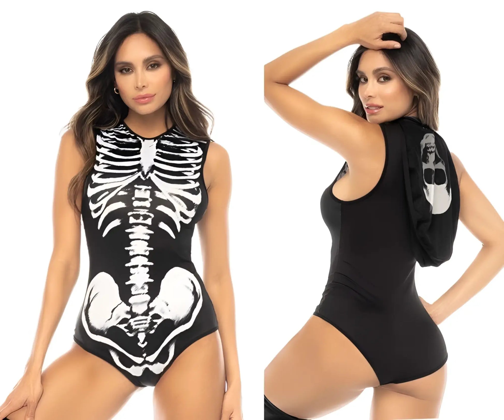 Black skeleton-themed one-piece swimsuit with white ribcage and spine design high neckline backless cut mapale 60025 ghost rider costume color only color