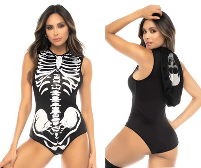 Black skeleton-themed one-piece swimsuit with white ribcage and spine design high neckline backless cut mapale 60025 ghost rider costume color only color