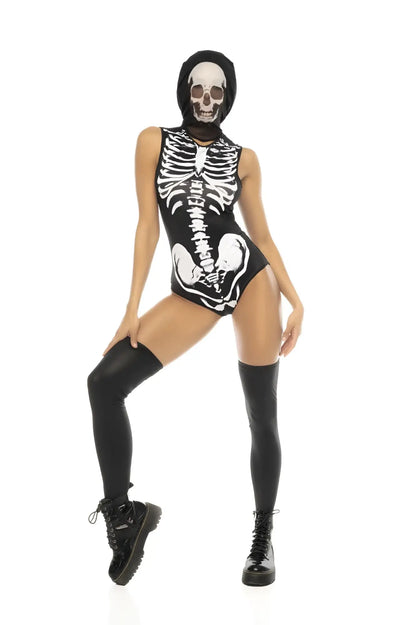 Black and white skeleton-themed one-piece hooded costume by Mapale 60025 ghost rider color only color view of front side