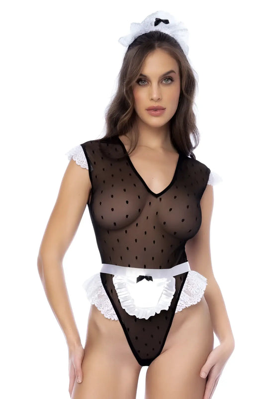 Black sheer polka dot maid bodysuit with white lace trim and ruffled apron detail by Mapale 60027 French Maid