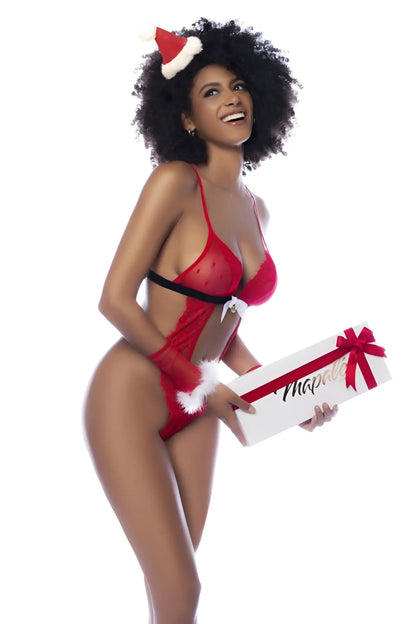 Red and black sheer lingerie set with white fur trim by mapale 60039 mrs claus color as shown