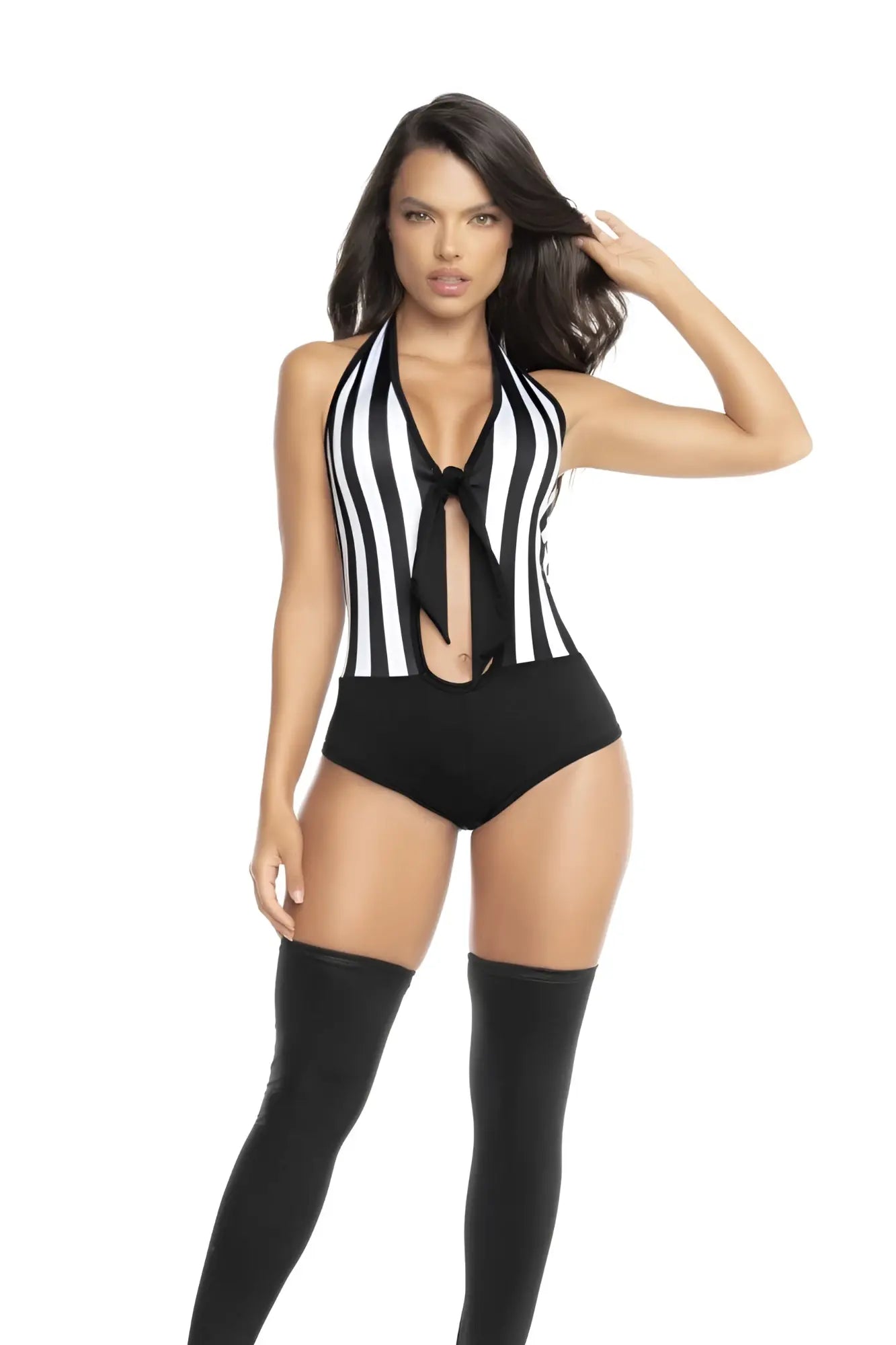 Mapale 60040 referee color black and white striped halter neck one-piece swimsuit with tied bow at neckline