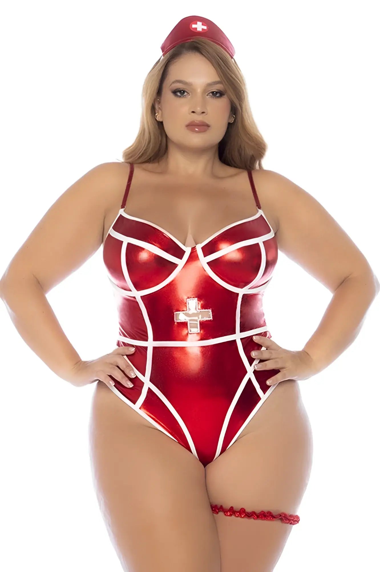 Red metallic one-piece nurse costume by mapale with white trim and silver cross emblem for nurse dress-up