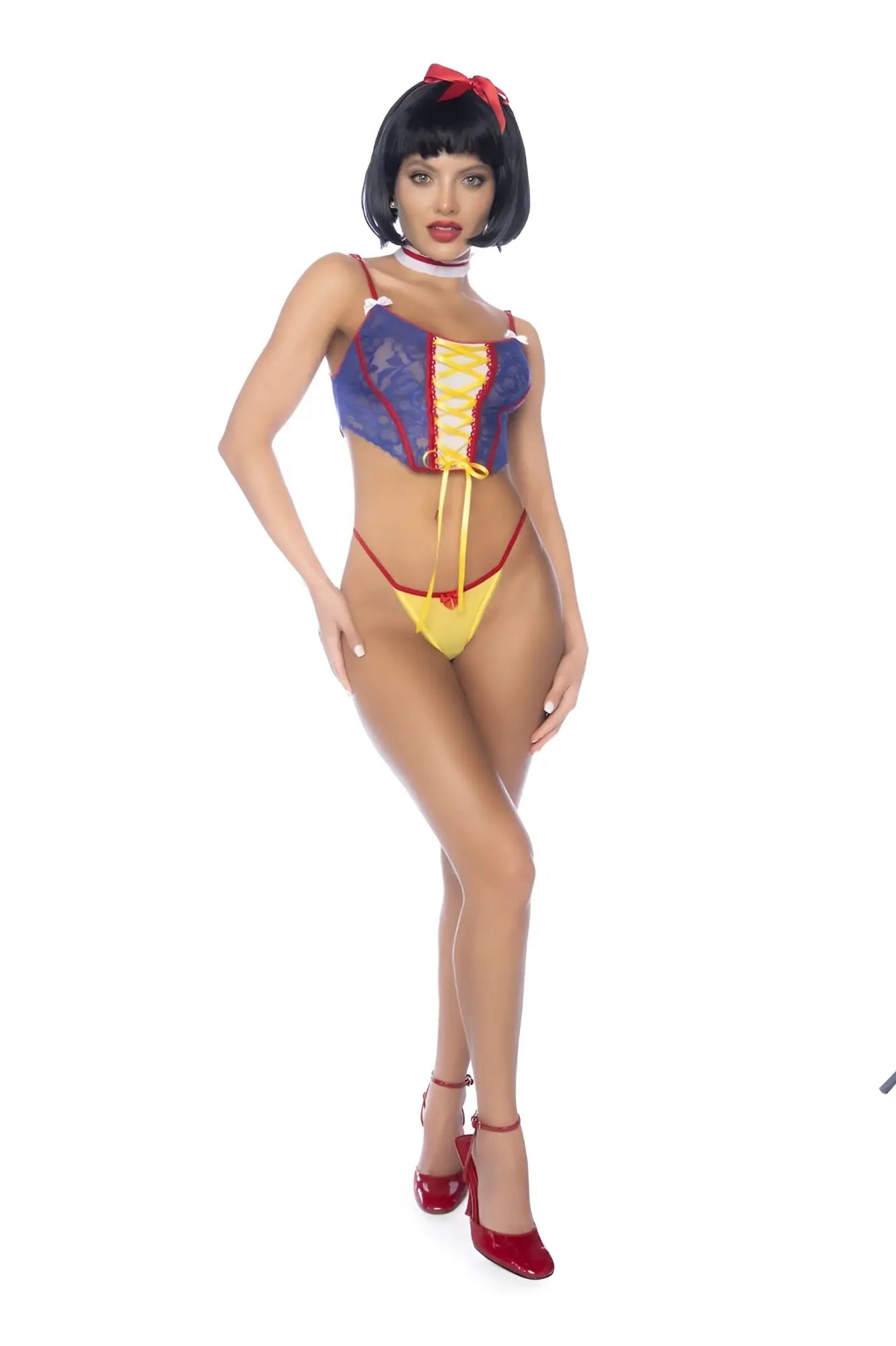 Blue and yellow lace corset top with red lacing and high-waisted bottoms from mapale 60049 poisoned apple fantasy princess costume